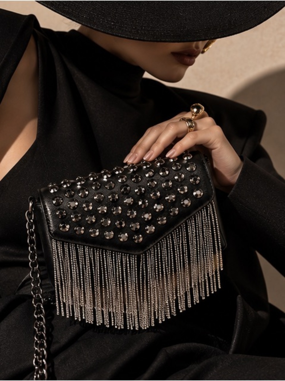 Luxury Studded Fringe Crossbody Bag Black Leather Chain Shoulder Purse